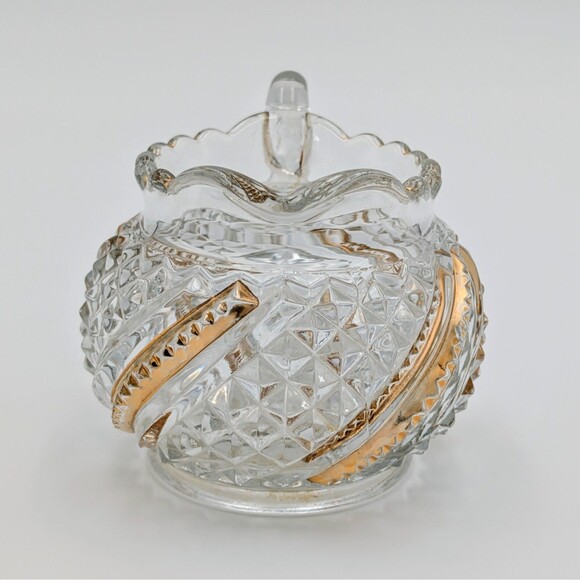 Vintage Brilliant Pressed Glass Creamer Gold Trim Diamond Star Pattern Scalloped - Picture 3 of 10